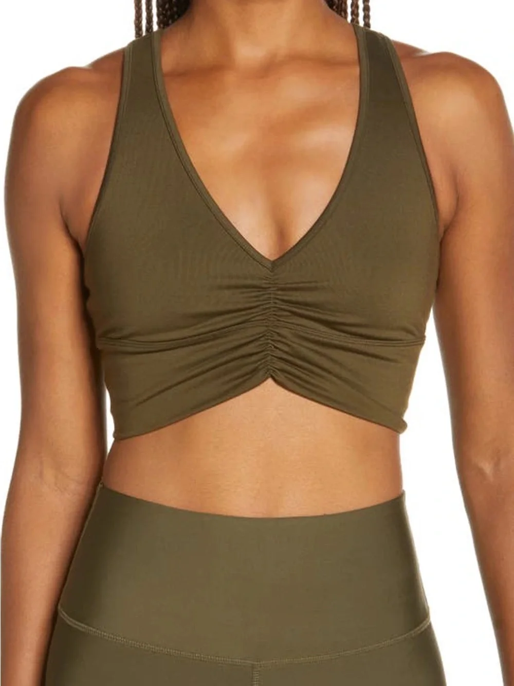 Alo Yoga Wild Thing Bra in dark olive green w/ ruched front V-neck design
